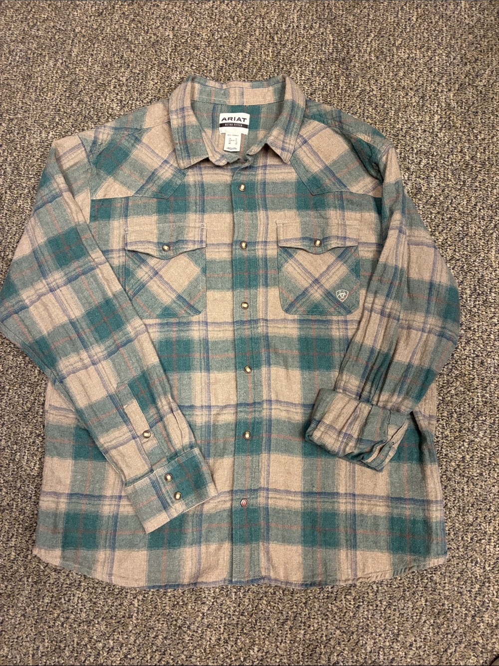 Mens Ariat Green and Tan Plaid Western Shirt Snap Buttons XL